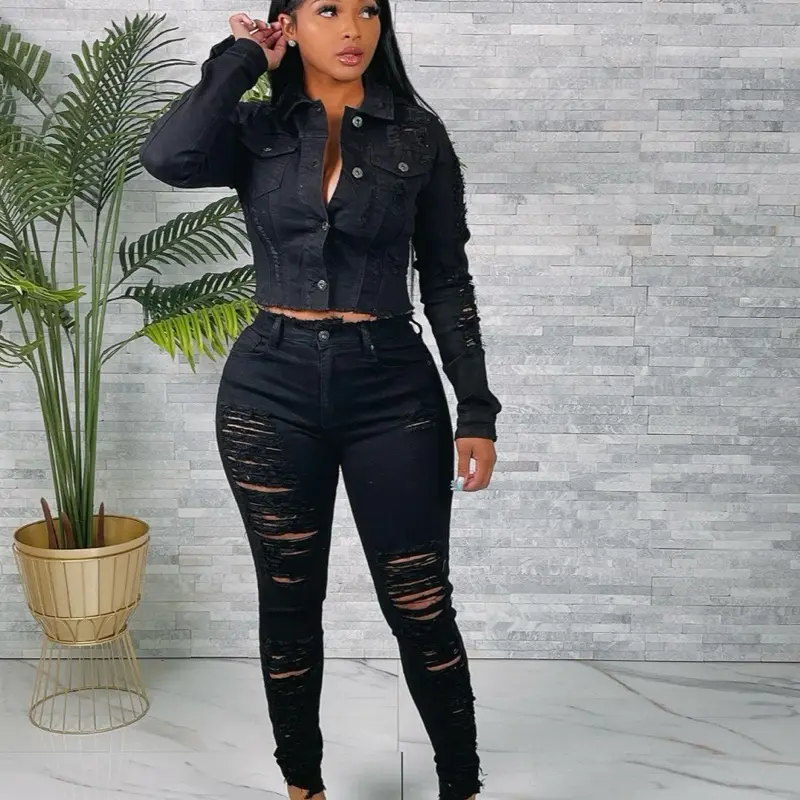 Distressed Two-Piece Pants Set - Black Denim Jacket & Ripped Jeans for Stylish Look Womenswear