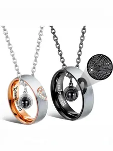 100 Language Couples Necklace Set in Rose, Heart Projection with Love Engraving, Stunning Diamond Accent Gift, Engraved Ring Necklace
