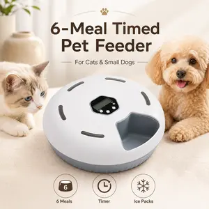 6-Meal Automatic Cat Feeder, Timed Rotating Wet & Dry Food Dispenser with Ice Packs, Battery Powered Pet Feeder for Cats, Small Dogs, Puppies & Kittens, White