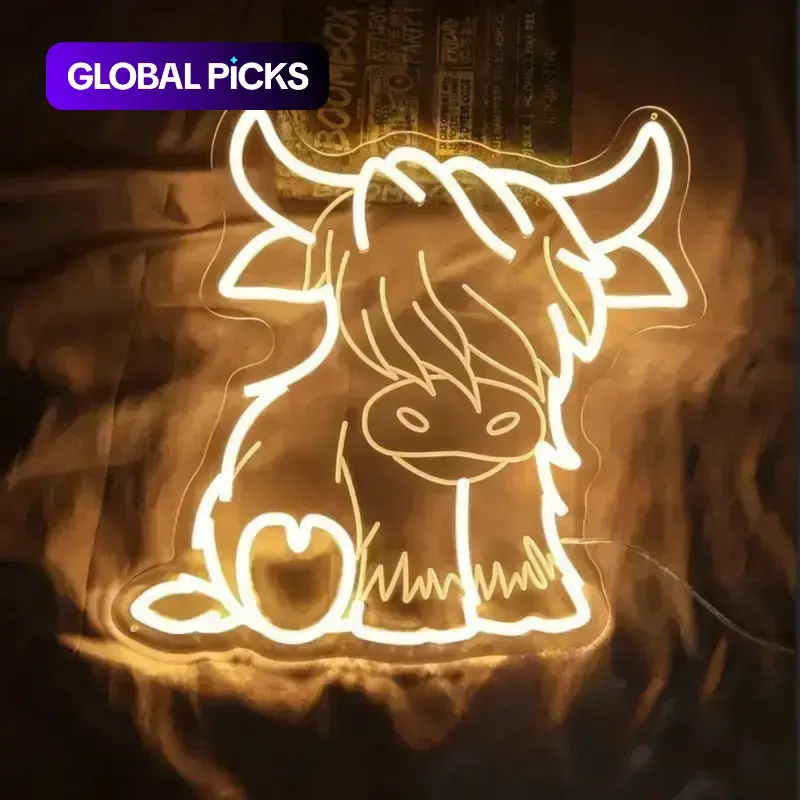 Highland Cow LED Neon Sign, USB-Powered Dimmable Wall-Mounted Ambient Light for Home, Bedroom, Party Decor, Home Decoration Lamp, Night Light, Atmosphere Lighting, Gift Idea #GLOBAL PICKS