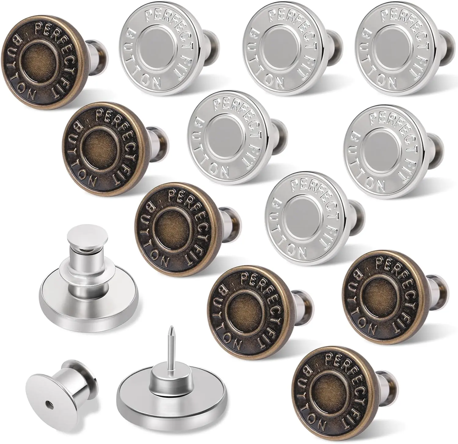 12 Sets Button Pins for Loose Jeans, No Sew and No Tools Instant Replacement Snap Tack Pant Button,  and Adjustable Metal Pants Tightener