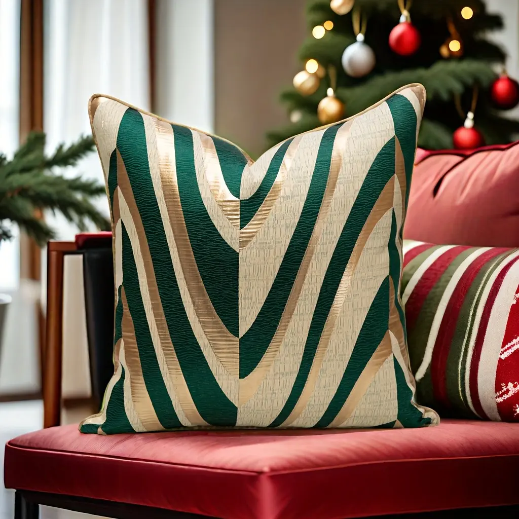 Luxury Emerald Green-Gold Jacquard Pillow Cover - Geometric Square Cushion Slipcover for Couch, Sofa (1 Piece) | Household Textiles Cushion Slipcovers