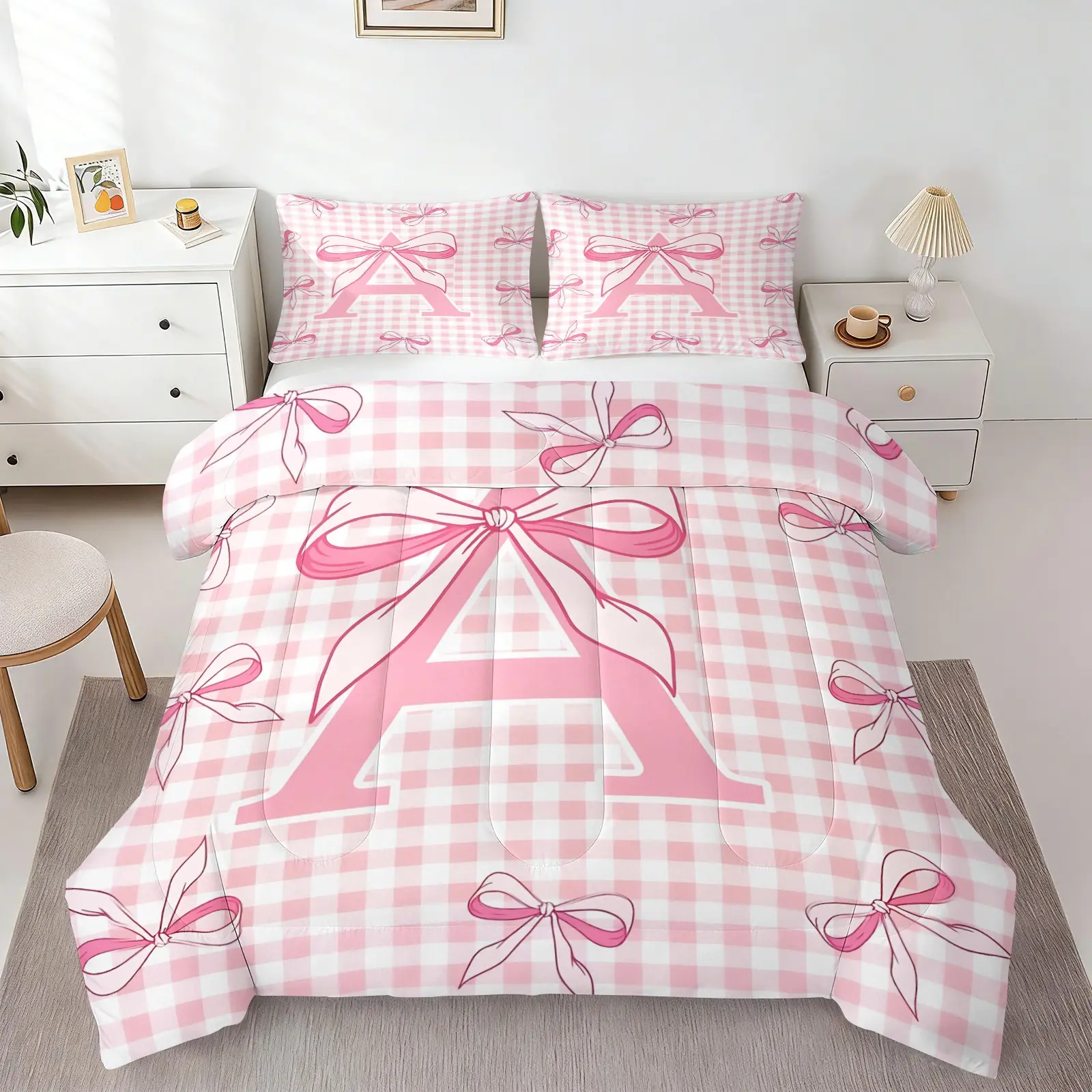 2/3pcs Pink Gingham Bow A-Z Comforter Set, Preppy Girly Style Bedding Set with Pillowcases, Matching Bedding, Soft Lightweight Quilt, Perfect For Teen Girls Bedroom, Dorm, Apartment Decor,All Season