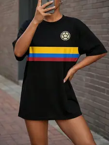 Women's Loose Fit Colombia Stripe Soccer Jersey, Retro & Tricolor Print, Breathable Athletic Streetwear, Sporty All over Print Tee