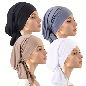 [Polyester Muslim Hijab Bonnet] 4pcs Polyester Elastic Band Headscarf - Muslim Hijab Bonnet Turban Hat for Women, Hair Protection Scarf