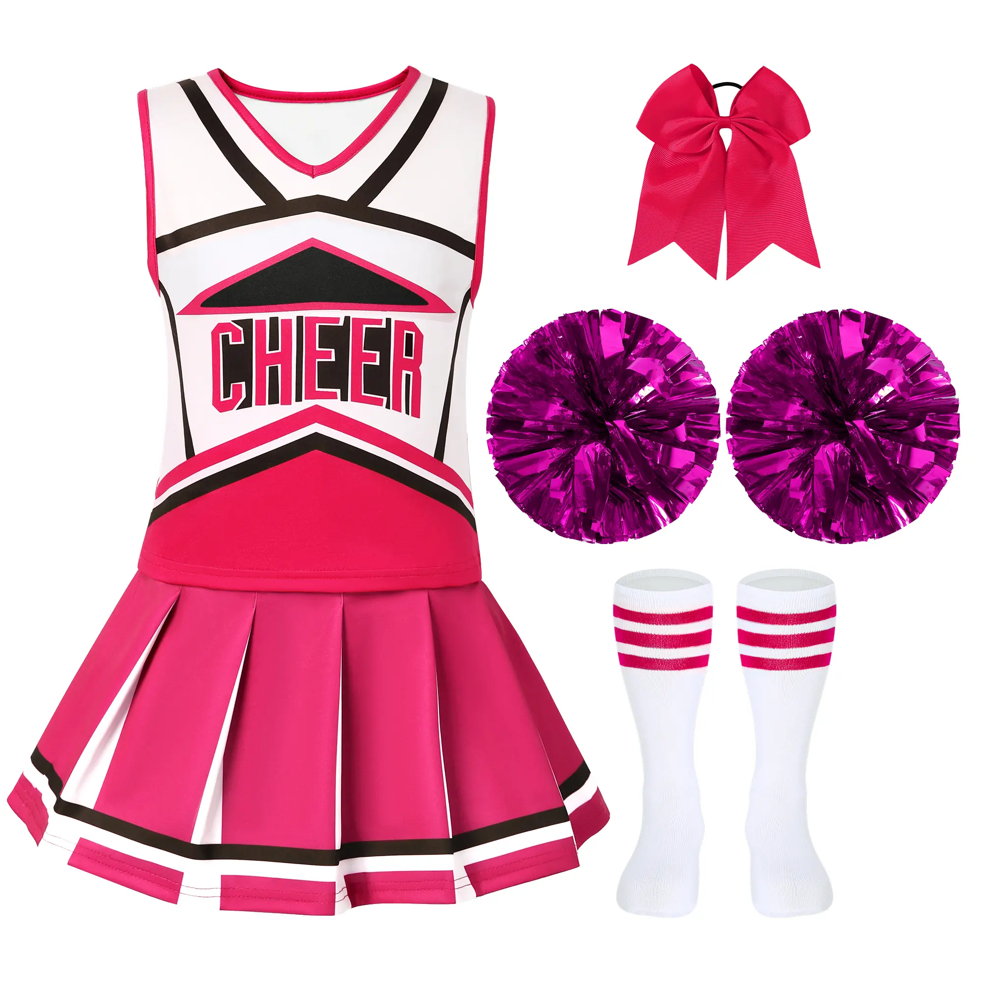 Girls' Cheerleading Uniforms - 4-Piece Vibrant Polyester Spandex Outfit, All Season Costume Idea with Sleeveless V-Neck Top, Skirt, Pom Poms & Socks for 5-6y Halloween & Parties, Outfits, Costume Ideas, Girls Costumes