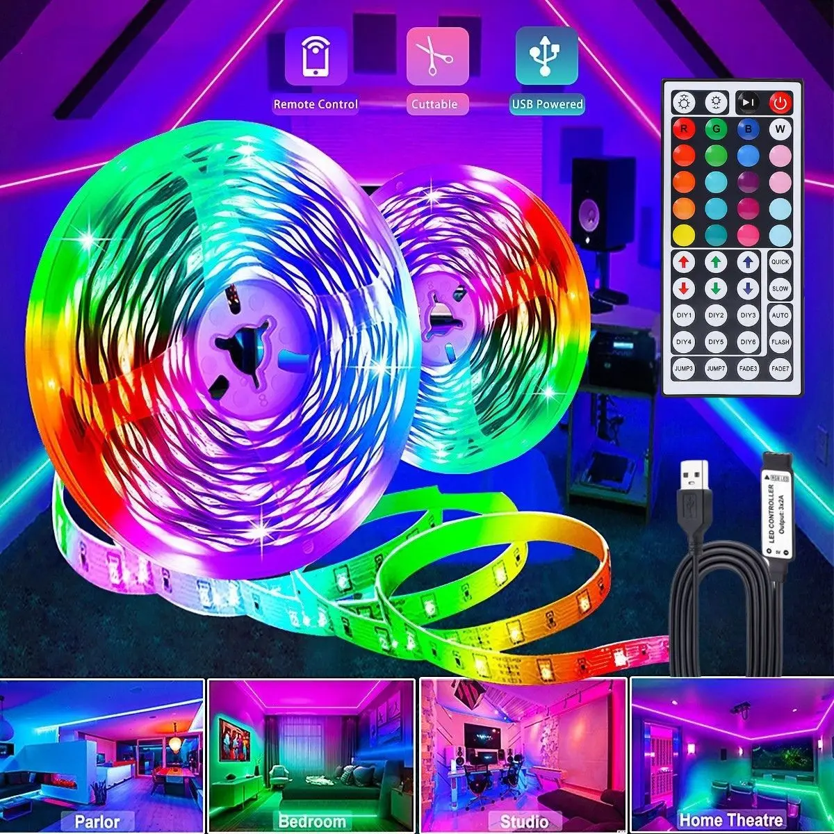 USB RGB LED Strip Light, Led Mood Light, Remote Controlled Adjustable RGB Flexible Neon Lights for TV Backgrounds & Party Decorations, USB Powered 1pc Tabletop Installation, RGB Lighting