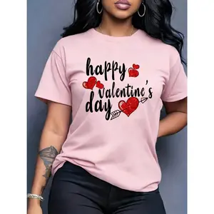 100% cotton, women's Valentine's Day pattern T-shirt, red glitter heart arrow design |       Casual short-sleeved T-shirt, very suitable for Valentine's Day celebrations and gifts for girlfriends and lovers