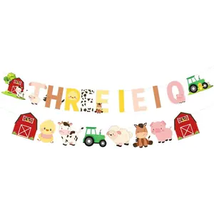 1Set Farm 3anniversary Birthday Decorations THREE I E I O Farm Animals Banner for Barnyard Birthday Party Supplies