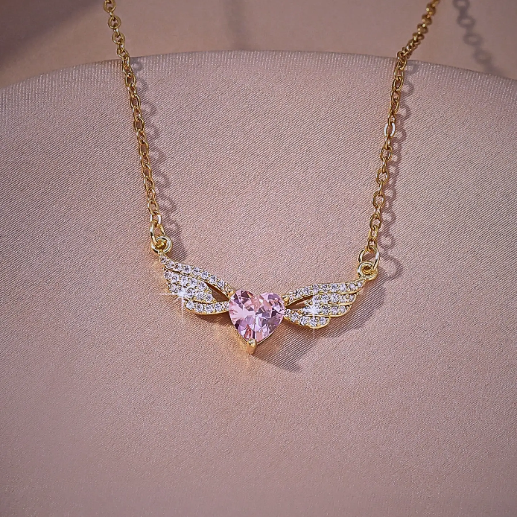 Women’s Cubic Zirconia Angel Wings Pendant Necklace, Pink Heart Crystal Jewelry Gift For Girlfriend, Wife & Loved Ones