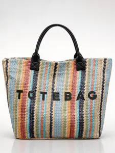 2026 Spring Summer Korean Style Rainbow Striped Woven Tote Bag Large Capacity Commuter Versatile Small Shoulder Handbag Ins Fashion