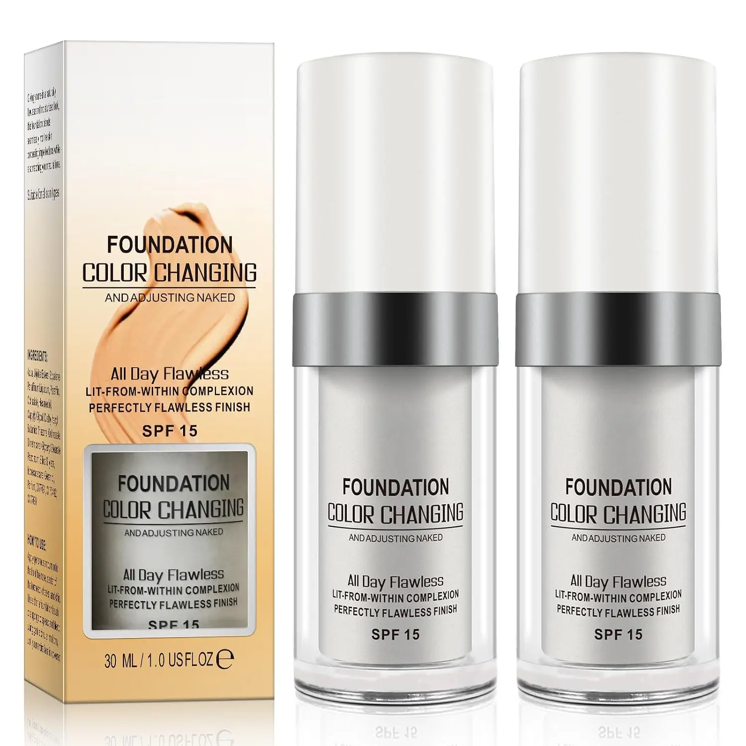 Colour Changing Liquid Foundation Hides Wrinkles & Lines, BB Cream Makeup Base Concealer Cover Moisturizing Fluid for all Skin Tone SPF15, Pack of 2