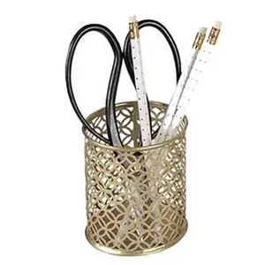 BLU MONACO Gold Pen Holder for Desk - Gold Pen & Pencil Cup - Brush Holder with Metal Circular Design - 3.5" x 4"