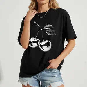 [100% cotton] Cherry Print Shirts for Women - Round Neck Fashion Casual  Graphic Tee, Women's  Spring  Holida Top