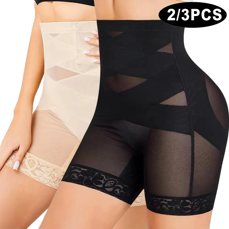 Women's High Waisted Shapewear Shorts, Seamless Tummy Control Compression Panty, Butt Lifting Thigh Slimmer with Lace, 2/3 Pack