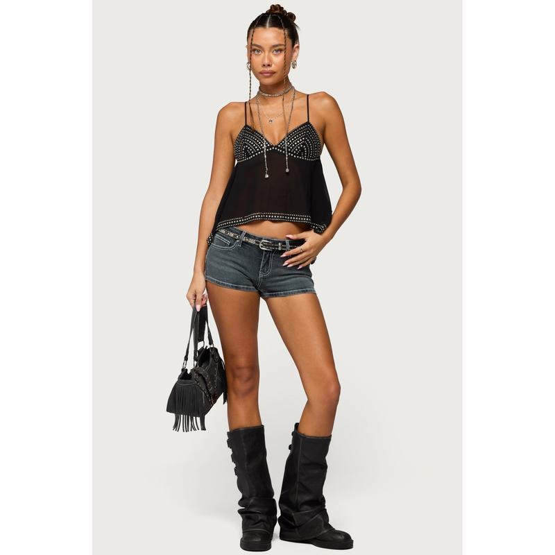 Studded Asymmetric Sheer Babydoll Top
