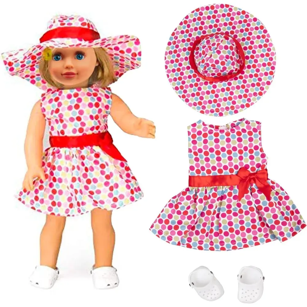 Polka Dot Dress Doll Outfit 3pc Compatible with 18-Inch American Girl Dolls - Sun Dress, Hat & Clog Sandals - Fun Gift Ideas