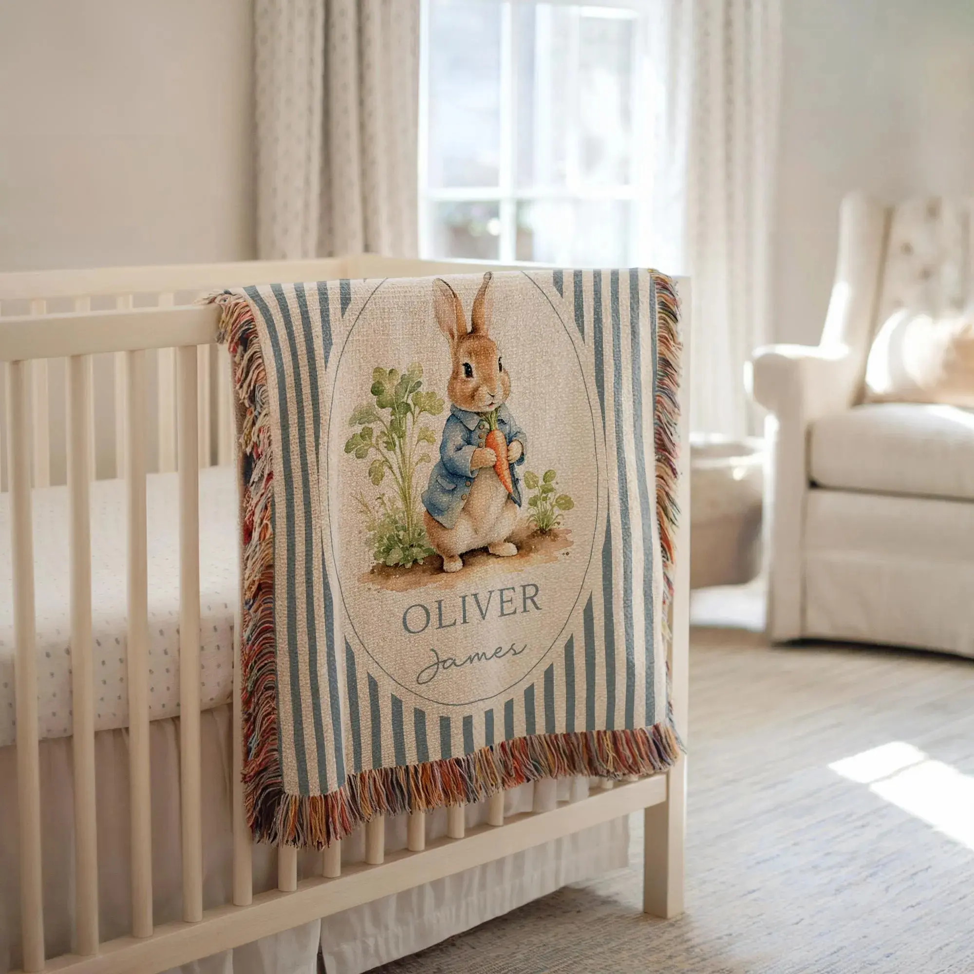 Personalized Peter Rabbit Inspired Woven Blanket Custom Baby Name Blanket Vintage Bunny Nursery Decor Baby Shower Gift Peter the Rabbit Gift