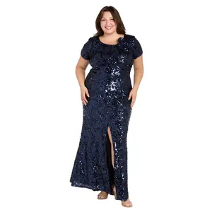 Radiant Bloom: Sequin Gown with High Slit and Floral Shoulder Accent - Plus