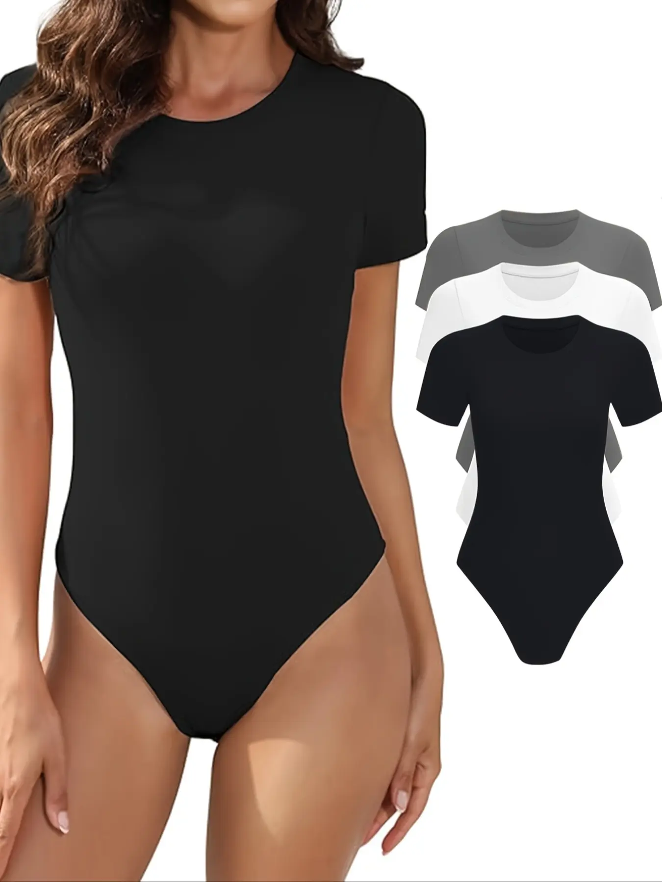 3-Piece Women's Romper Set, Short Sleeve Round Neck Basic Everyday Comfortable Breathable Stretchable Knit Fabric Commuter Innerwear, Tight-Fitting Bodysuit for All Seasons