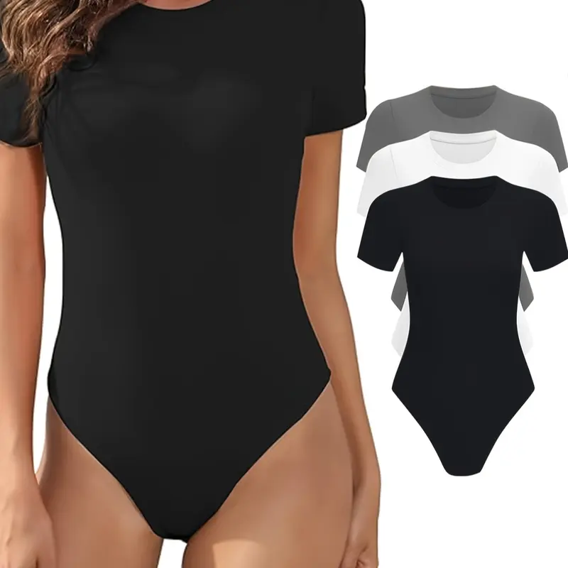 3-Piece Women's Romper Set, Short Sleeve Round Neck Basic Everyday Comfortable Breathable Stretchable Knit Fabric Commuter Innerwear, Tight-Fitting Bodysuit Clothes for All Seasons