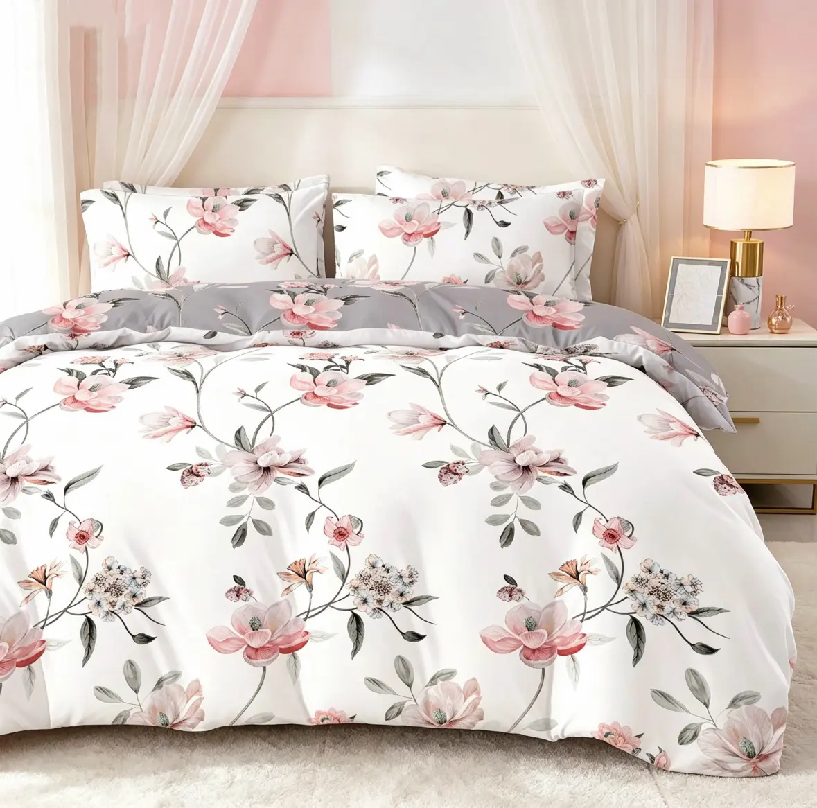 Shuya Magnolia Printed Floral Bedding Set Polyester-Cotton Fabric Machine Washable 1-2 Standard Shams Included Minimalist Classic Design 66x90 80x90 90x90 104x90