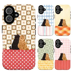Cute Cat Couple Patchwork Phone Case – Cozy Plaid, Gingham & Floral Checkered Design, Whimsical Aesthetic Cover for iPhone 17 16 15 14 13 12 11 & Samsung S23 S24 S25 S26| Cute Cat Artwork, Holiday Style, Christmas Gift Idea