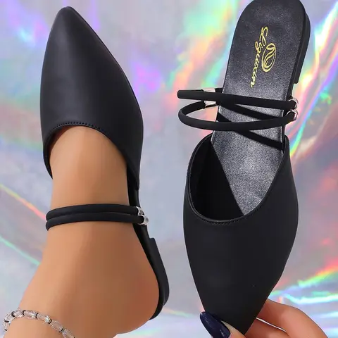 Women's Pointed Toe Flat Mules, Casual Fashion PU Leather Slip-Ons, Metal Buckle, Soft Rubber Sole, Office & Daily Wear, Soft Soled Mules