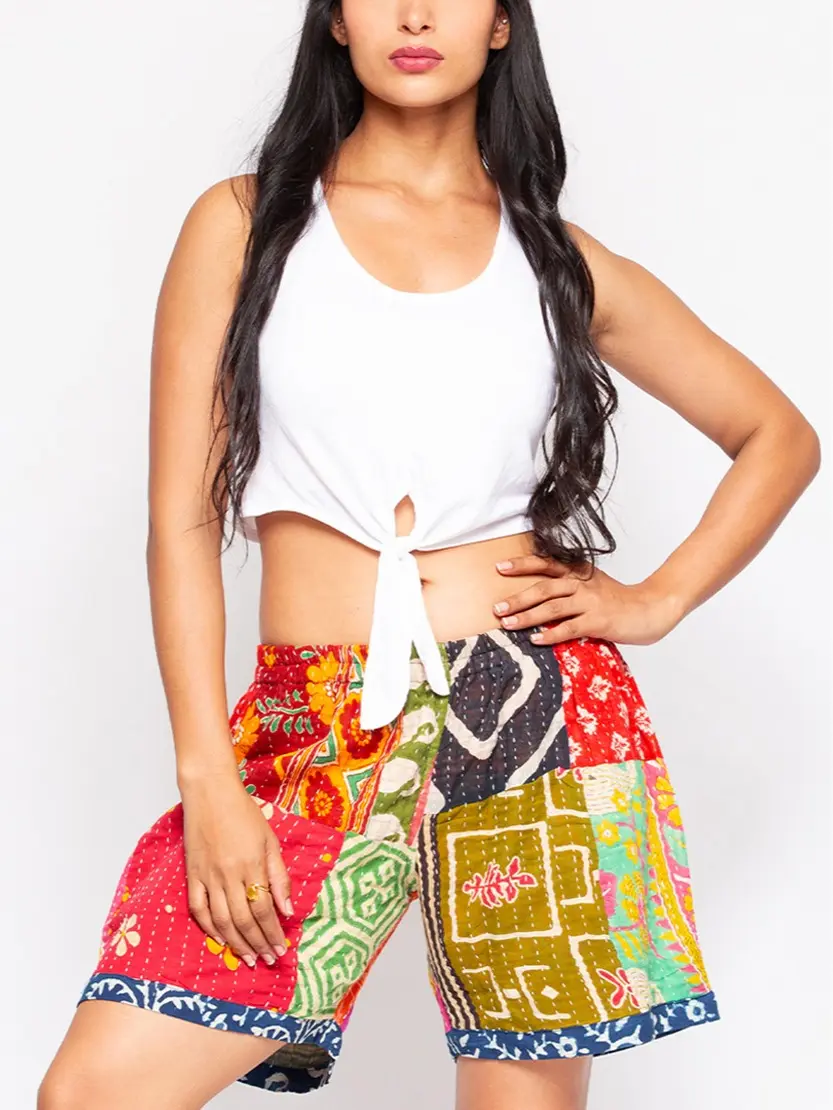 Cotton Patchwork Kantha Shorts