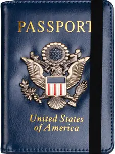 RFID Blocking Passport Holder for Women Men, Leather Passport Travel Wallet with Metal 3D Metal Badge, Travel Document Holder Cover Accessories (Dark Blue)