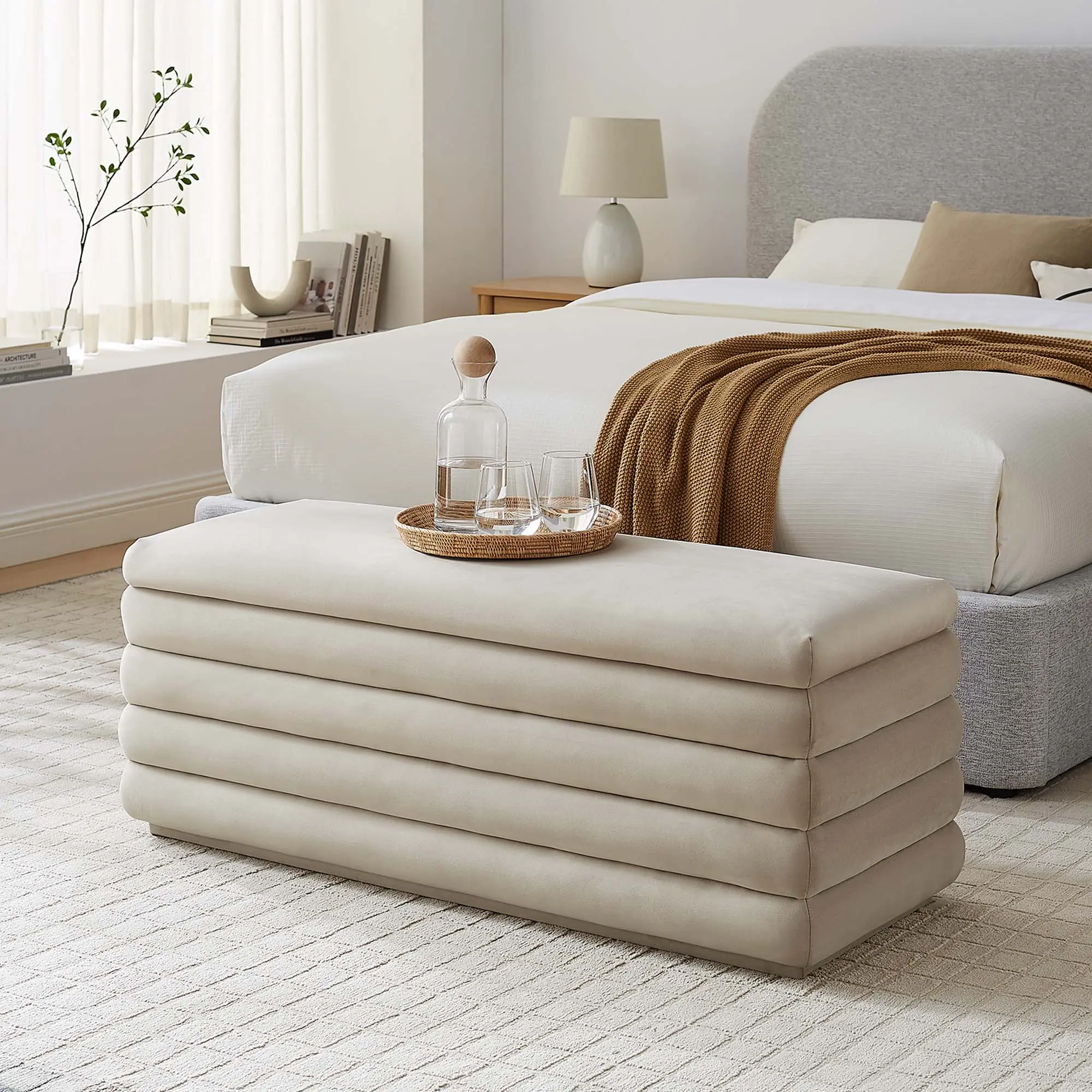 Modway Mezzo Rectangular Upholstered Velvet Storage Ottoman - Channel Tufted Performance Fabric Footstool, Indoor Furniture Bench (Almond), Foot Rest Stools