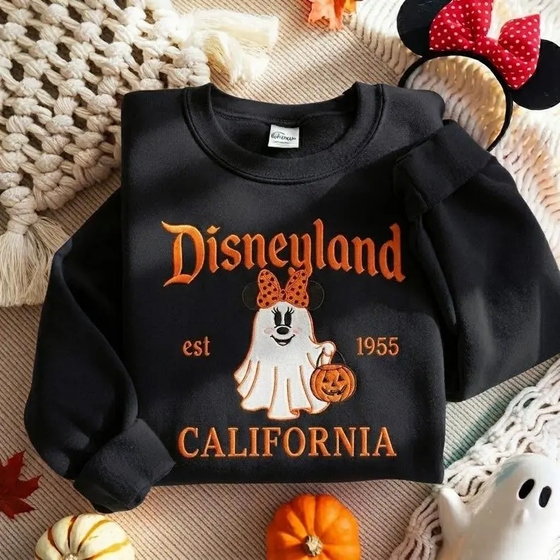 Embroidered Disneyland California Est 1955 Sweatshirt, Ghost Minnie Sweatshirt, Disneyland Halloween Shirt, Spooky Season Crewneck