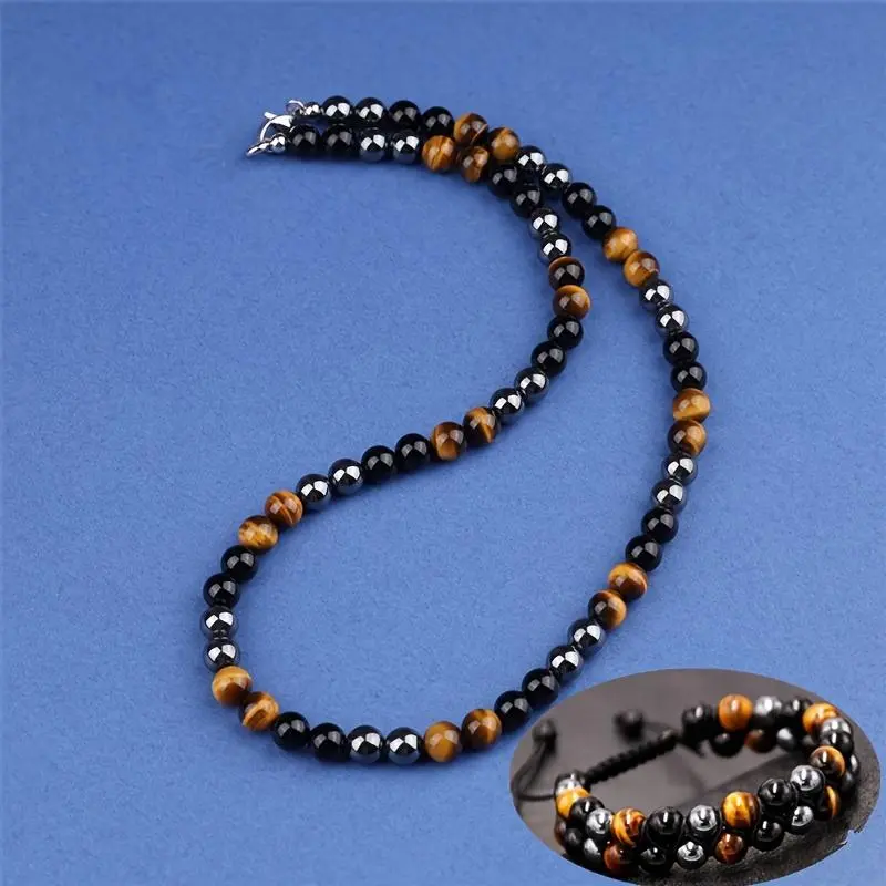 2-Pack Natural Stone Adjustable Braided Rope Necklace + Natural Stone Bracelet for Unisex Confidence Protection Set Grounding