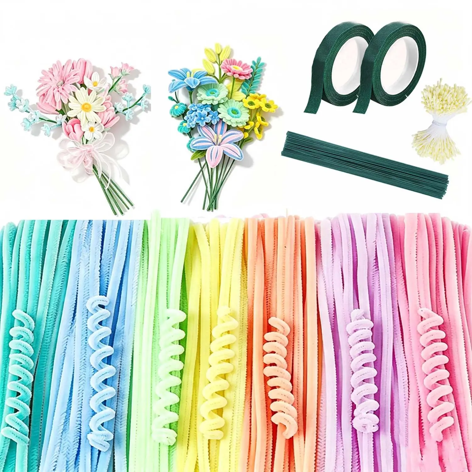500 Pcs Pipe Cleaners Flower Kit, 7-Colors Macaron Pastel Chenille Stems Craft Bulk, Fluffy DIY Flower Making Set with Floral Stems Tape Stamens, Handmade Bouquet Art Project Supplies for Party Home Room Decor Birthday Gift for Teen Girls