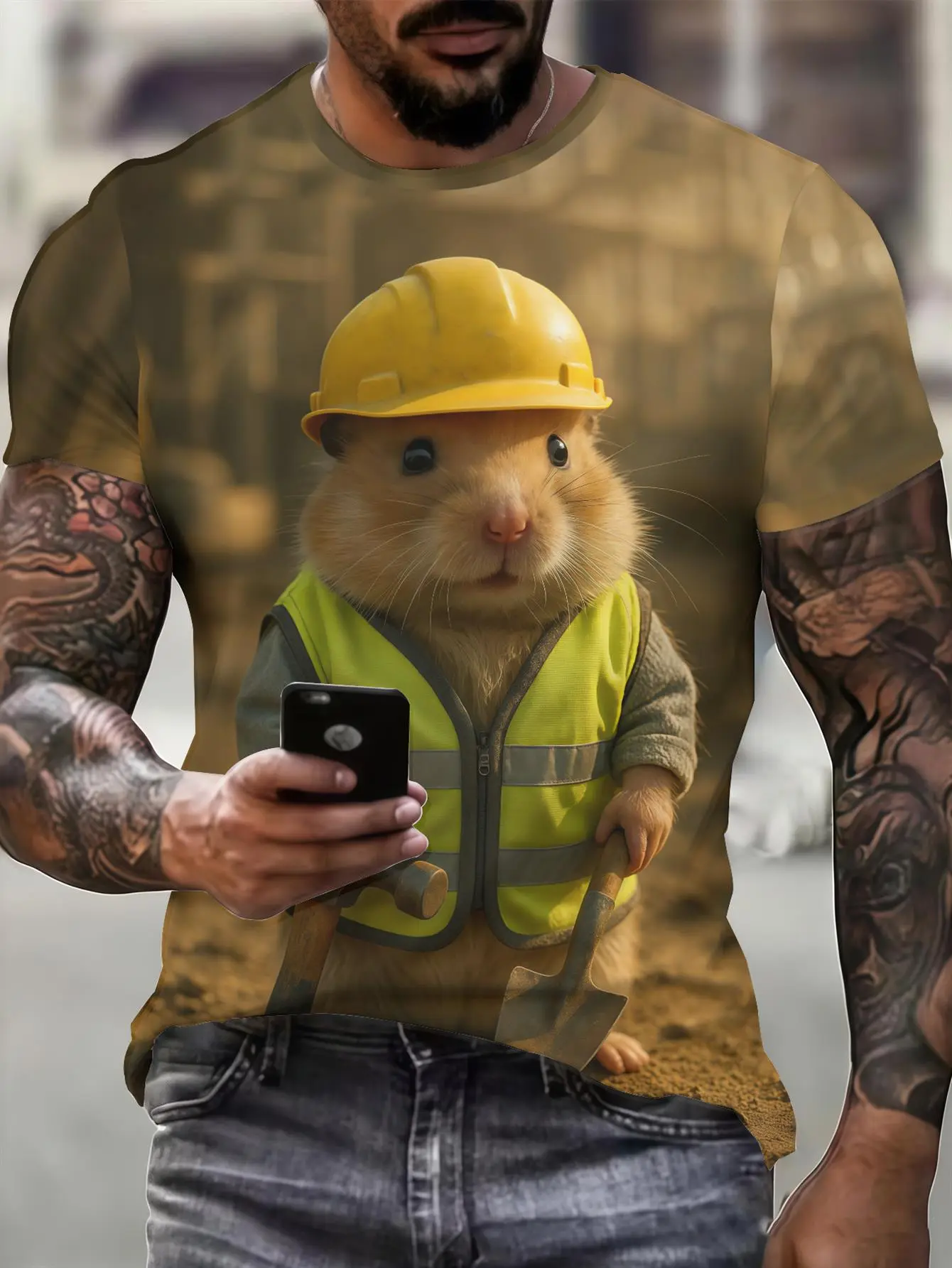 Men' Construction Site Hamster Foreman T-Shirt - Full-Body Hamster & Construction Worker Print Short Sleeve Round Neck Casual Workwear Suitable for Themed Events, Everyday Outfits, Machine Washable Apparel for Year-Round Wear