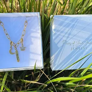 Her Era Necklace – 18k PVD Gold Charm Necklace with Engraved Bar & Crescent Moon Crown Charms Waterproof Hypoallergenic Interchangeable System