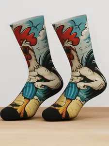 1 Pair Funny Muscle Rooster Mid-Calf Socks, Unisex Bamboo Fiber Crew Socks, Humorous Style, All over Print, Casual Fashion for Fall & Winter