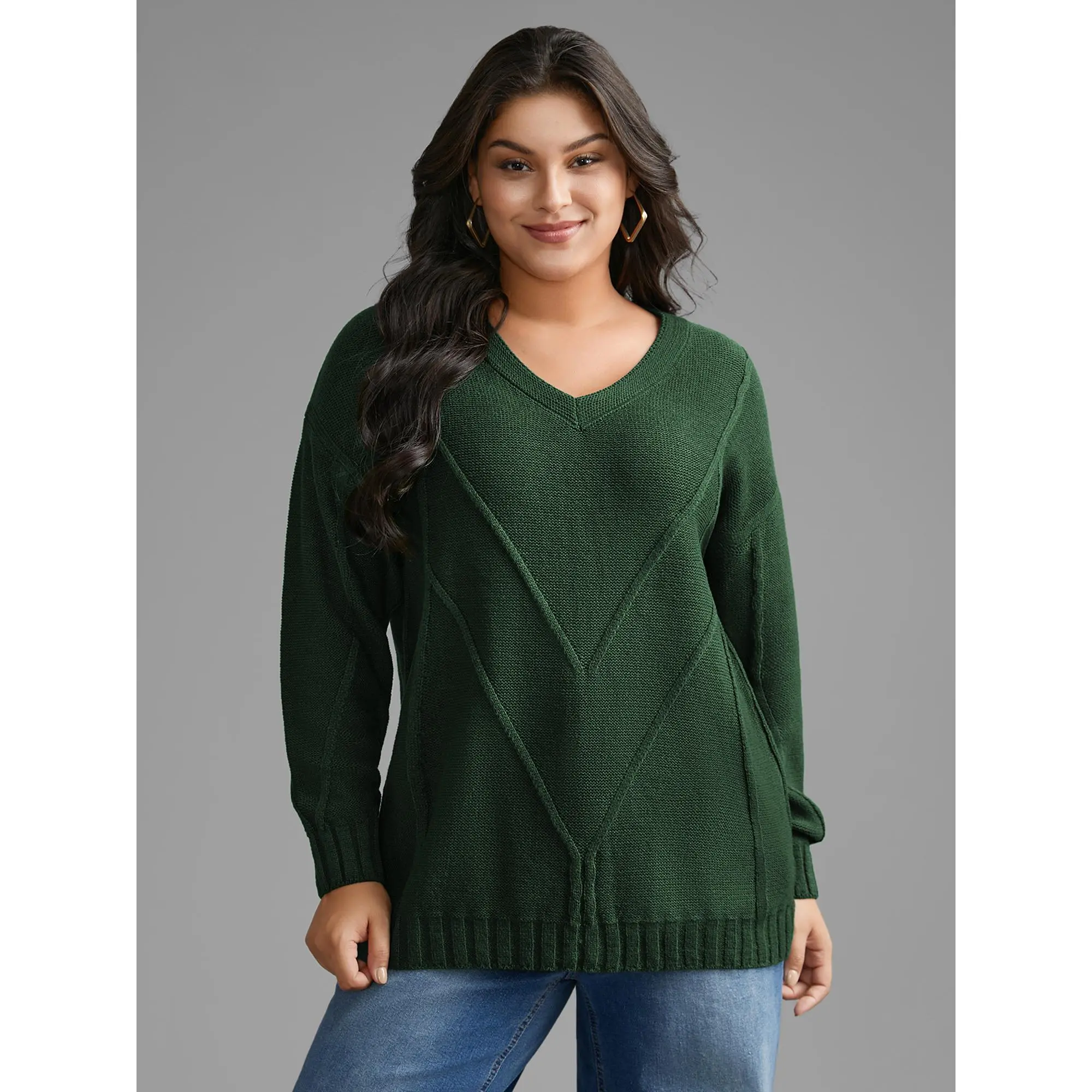 BLOOMCHIC Women's Plus Size Casual Longsleeves V-Neck Cable Knit Sweater - Loose Fit, Solid Basic Knitwear, Midnight Option, M-6X Sizes, Flat Knitting Fabric, Hand Wash, Acrylic Knit, Do Not Dry Clean, Plain, Regular Length, Tops, Clothes