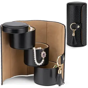 VLANDO Travel Jewelry Case for Women, 3-Layer Rotating Jewelry Organizer, Small Portable PU Leather Jewelry Box, Black
