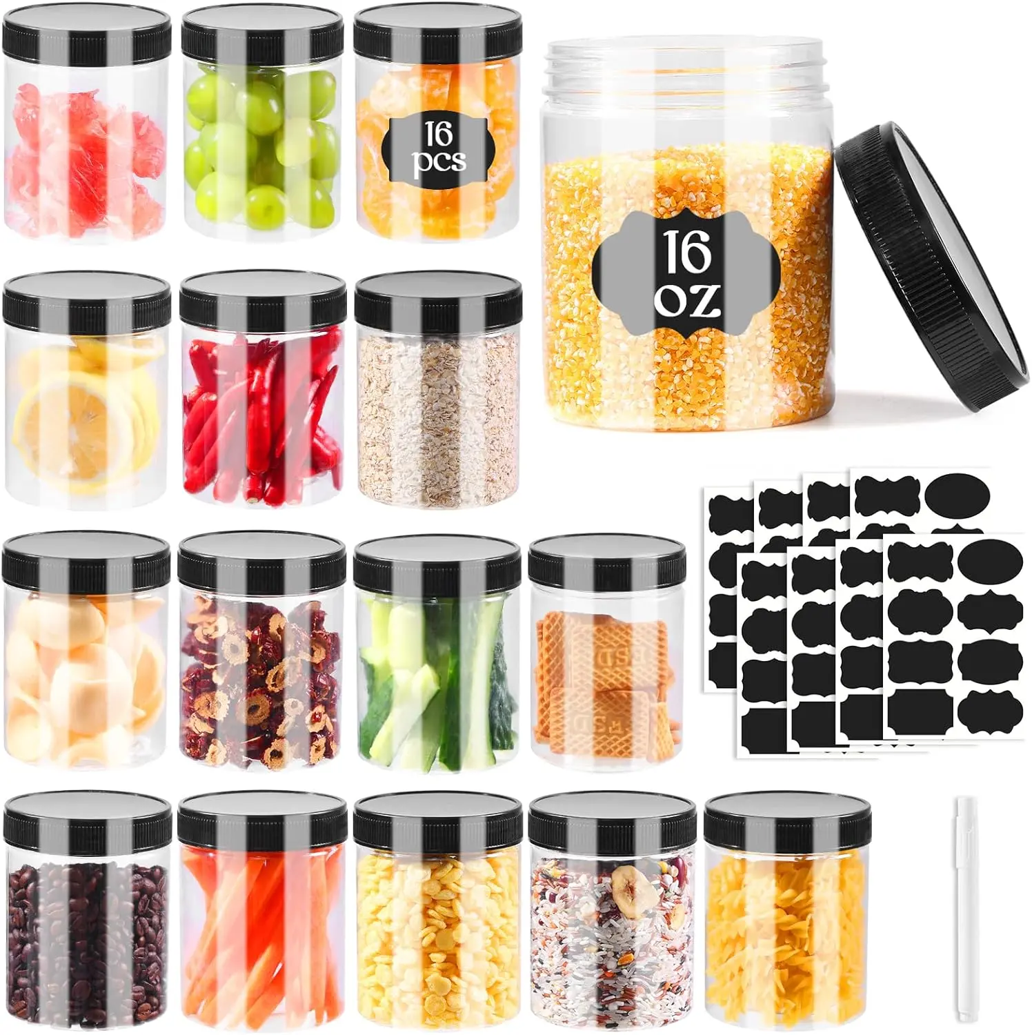 16Pcs 16oz Clear Plastic Jars With Lids,Plastic Jars With Lids,Airtight Container Ideal For Dry Food, Peanut Butter, Honey Jam,Cream, Bathroom and Storage - Home Improvement.
