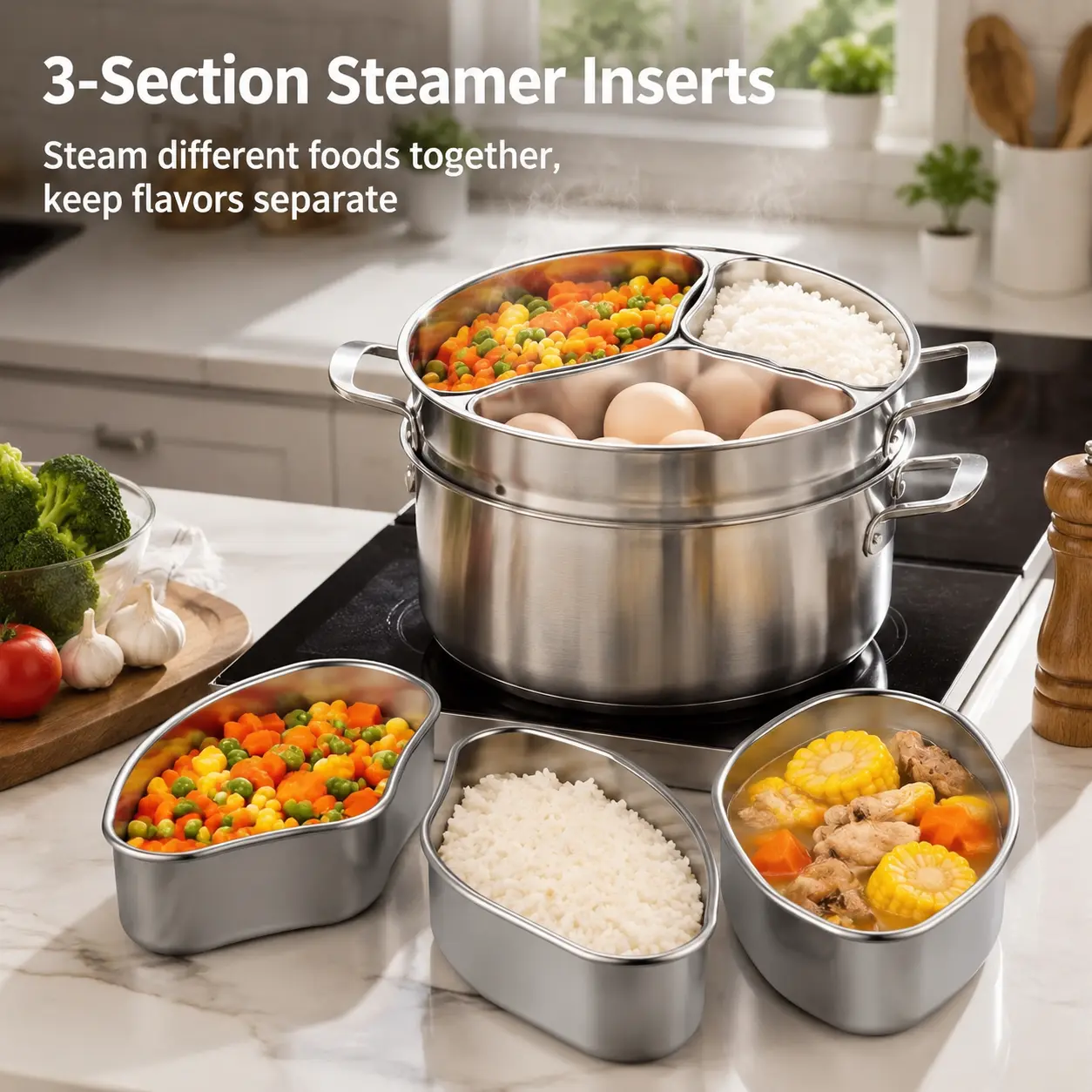 1 Count Stainless Steel Fan-shaped Steamer Tray, Good Thermal Conductivity for Kitchen Steaming Stewing and Separated Food Storage