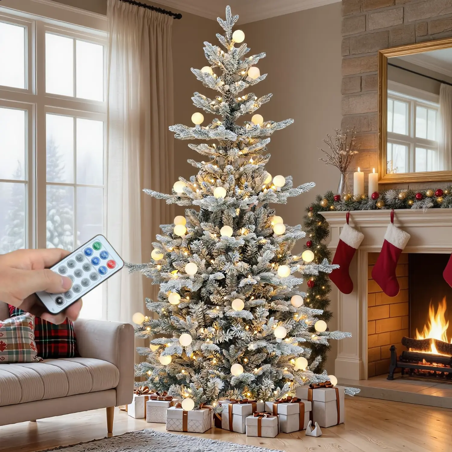 YITAHOME 6/7.5FT Pre-Decorated Prelit Flocked Layered Artificial Christmas Tree, Hinged PE & PVC Mixed Tips, Remote-Controlled 3 Lighting Colors 11 Modes Tree, Warmwhite Option, Removable Lampshade, Shedding Safe Flock, Holiday Home Decor, Party Light