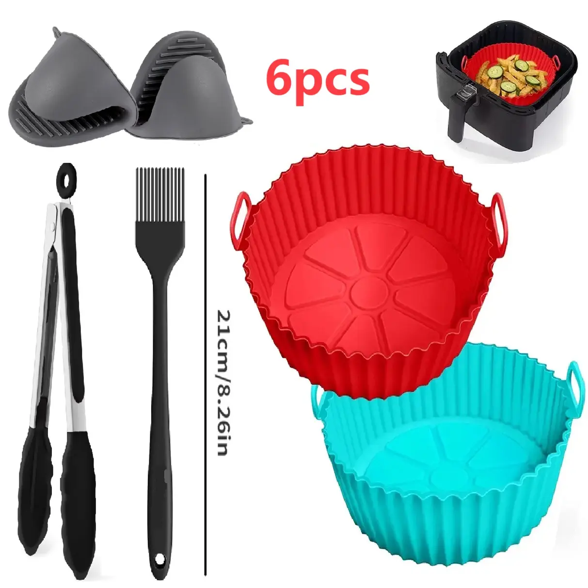 6 set Silicone Air Fryer Liner Tray, for 3 to 5 QT, Basket Bowl, Replacement Of Flammable Parchment Paper, Reusable Baking Tray Oven Accessories, Red+Blue, (Heat resistant gloves+clip+scraper)