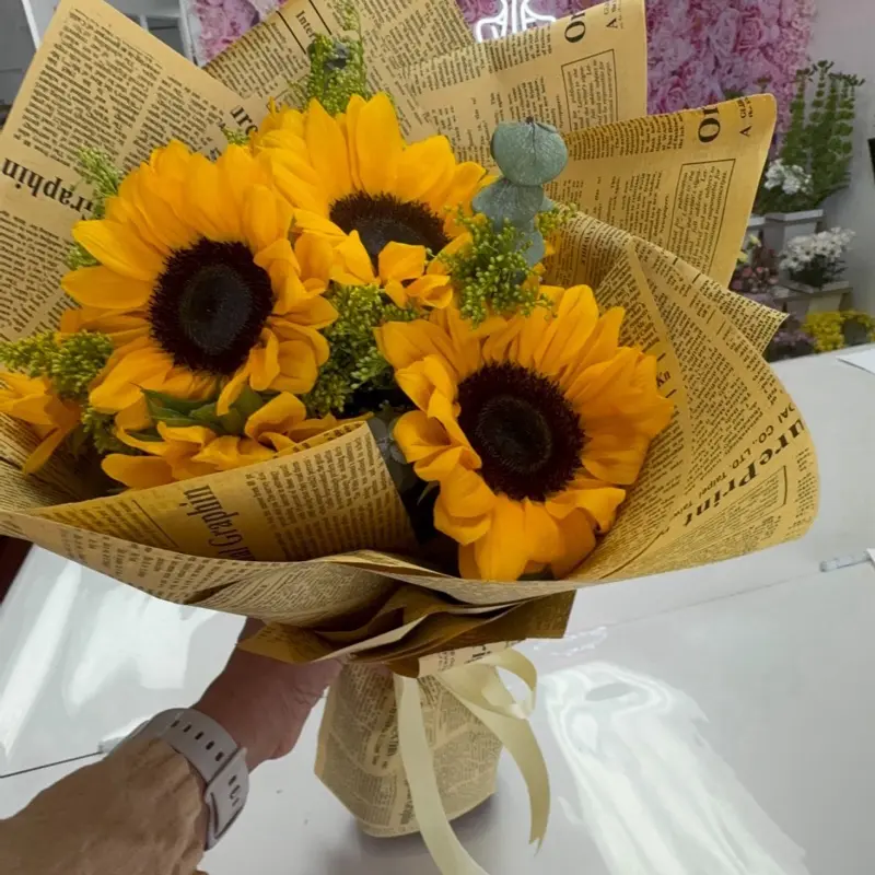 Sunflowers Bouquet in Newspaper Wrap with Ribbon - Bright Yellow Sunflower Arrangement for Home Decor and Gift Giving