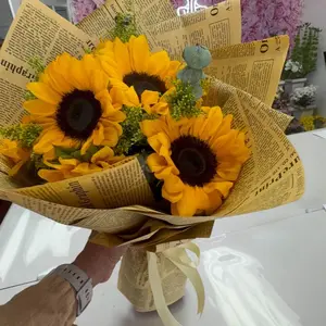 Sunflowers Bouquet in Newspaper Wrap with Ribbon - Bright Yellow Sunflower Arrangement for Home Decor and Gift Giving