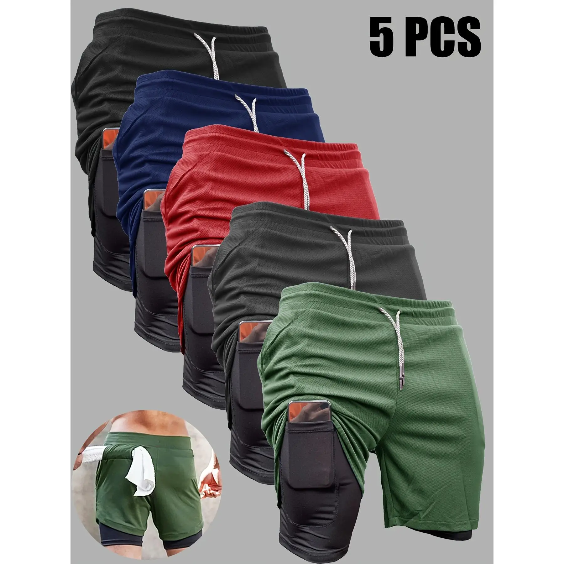 5pcs Men's 2-in-1 Double Layer Shorts With Inner Pocket, High Stretch Sports Shorts For Summer Gym Workout Training