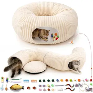 Tunnel Bed with 40 count Interactive  Toys,  Tube with Kitten Toys for Indoor Kittens, Collapsible Play Tunnel, White
