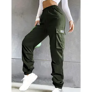 Women'S Casual Cargo Pants with Elastic Drawstring Waist & Large Pockets - Solid Color Regular Fit Long Trousers for Streetwear, Everyday Outings & All-Season Comfort, Streetwear Essentials, Relaxed Fit Pants, Durable Fabric Pants, Street Style SpringStat