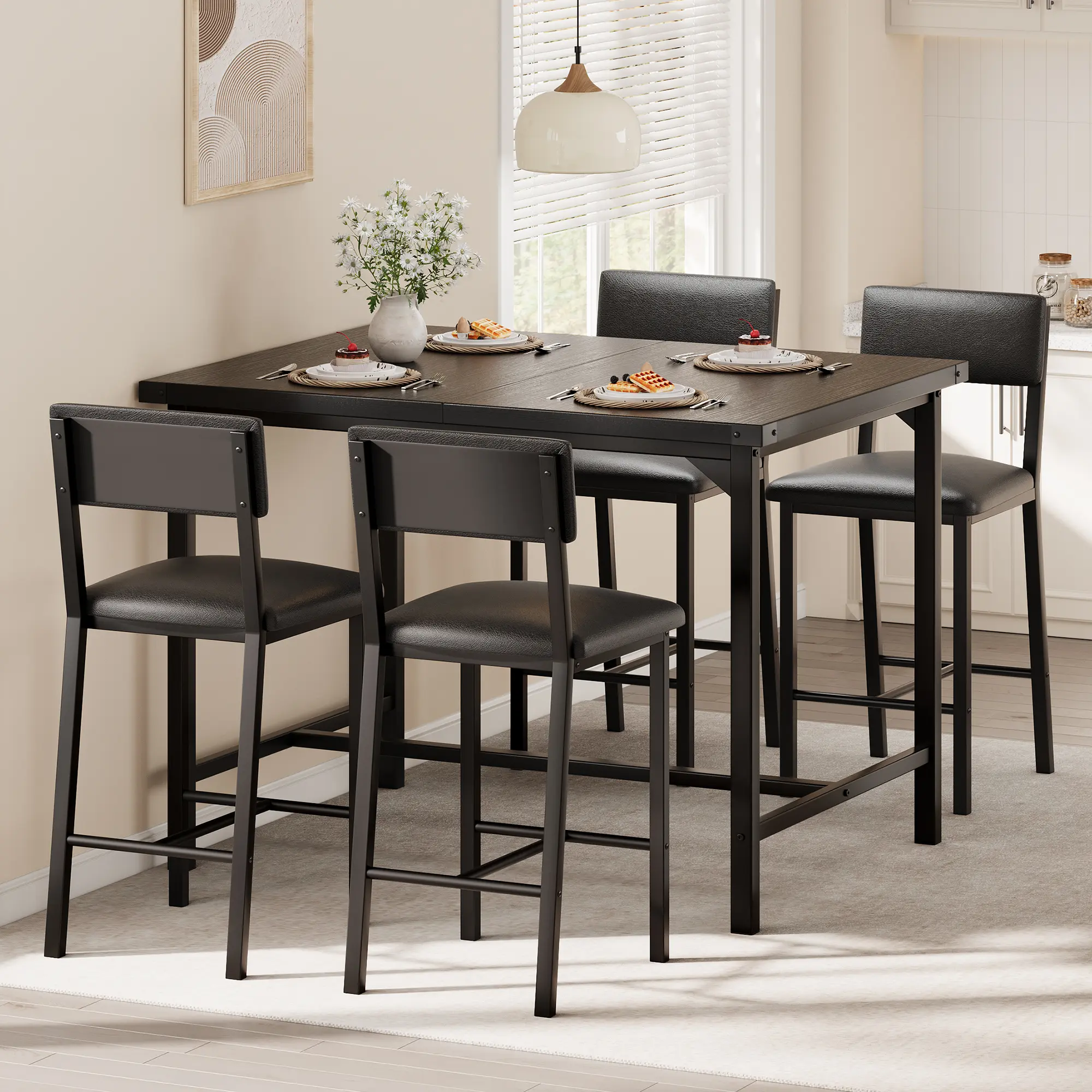 5 Piece Dining Table Set, Industrial Counter Height Table with Metal Corner Protector, 4 PU Leather Upholstered Bar Stools with Footrest, Compact Dining Furniture for Home Bar Kitchen Living Room Small Apartment Daily Use