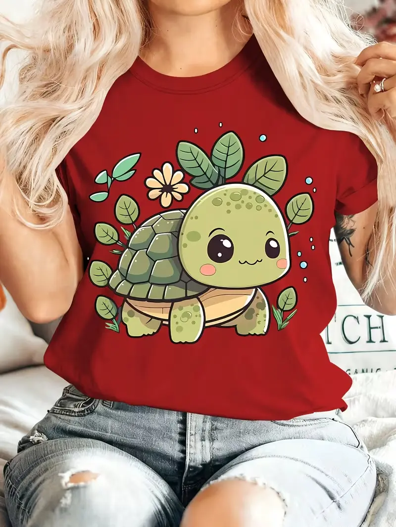 Cute Kawaii Turtle Green Leaves Daisy Floral Graphic T Shirt Animal Lover Womens Casual Tee